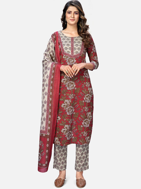 Women's Red Cotton Kurta With Pant & Dupatta By Vbuyz (3Pcs Set)