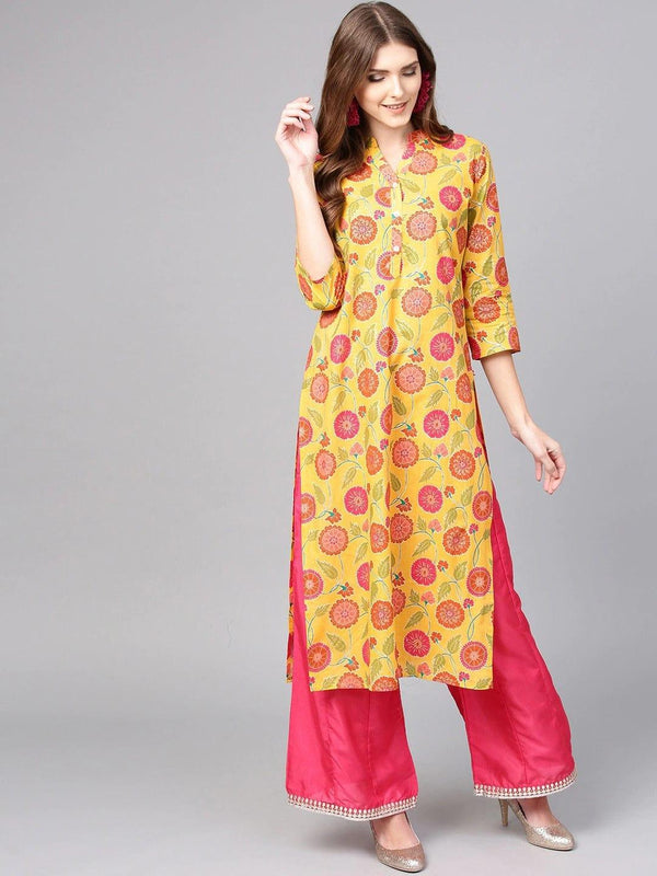 Varanga Women Yellow Ethnic Motifs Printed Mirror Work Kurta - Indiakreations