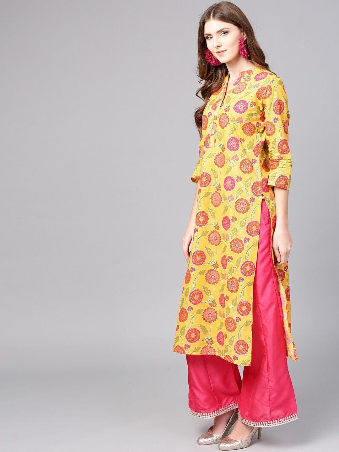 Varanga Women Yellow Ethnic Motifs Printed Mirror Work Kurta - Indiakreations