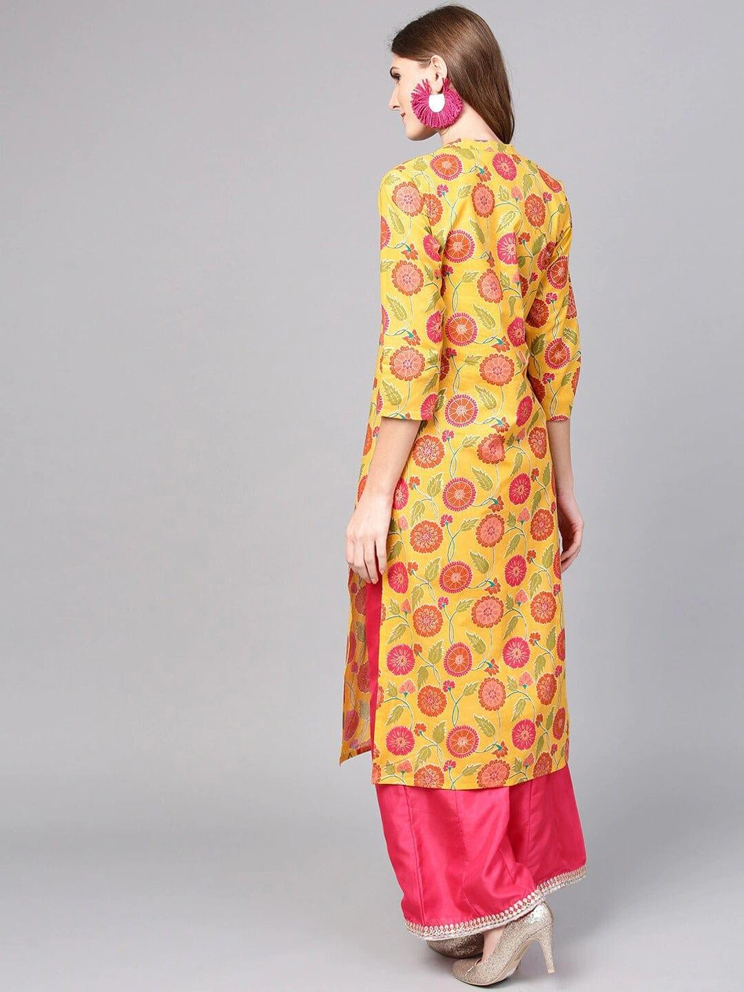 Varanga Women Yellow Ethnic Motifs Printed Mirror Work Kurta - Indiakreations