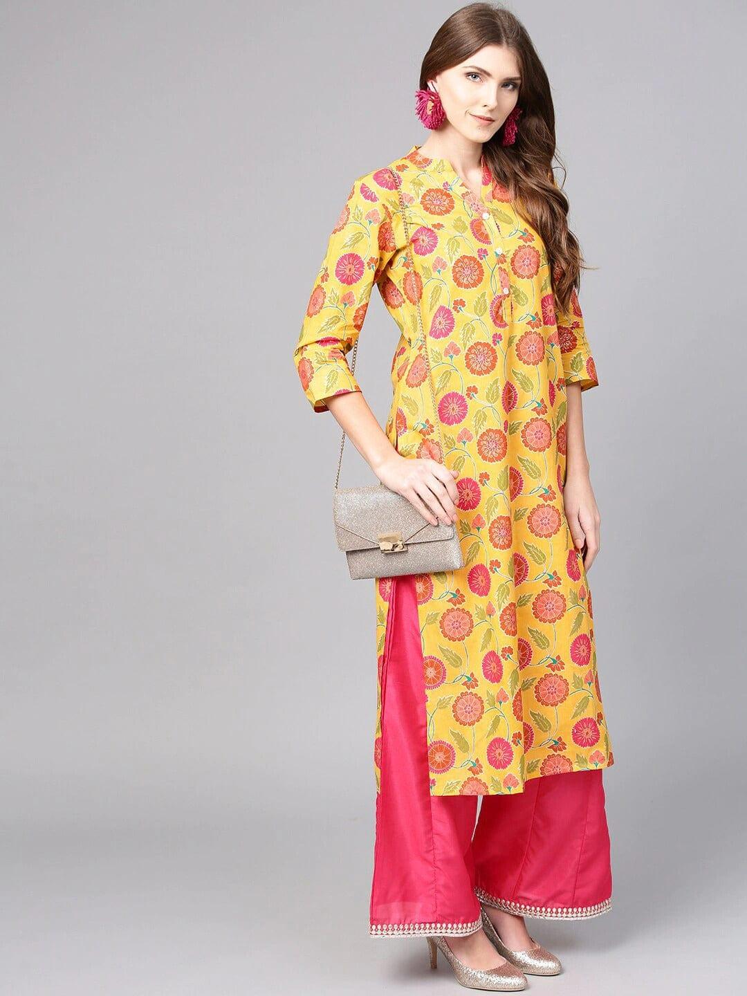 Varanga Women Yellow Ethnic Motifs Printed Mirror Work Kurta - Indiakreations