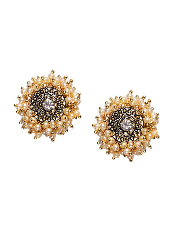 Women's Gold Pleated Pearl Round Studs Earrings - Morkanth