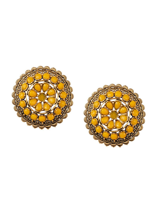 Women's Yellow Gold Plated Circular Artificial Beaded Handcrafted Studs Earrings - Morkanth