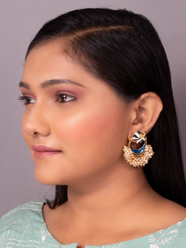 Women's Blue Gold-Toned Pearl Beaded Enamelled Peacock Shaped Chandbali Earring - Morkanth