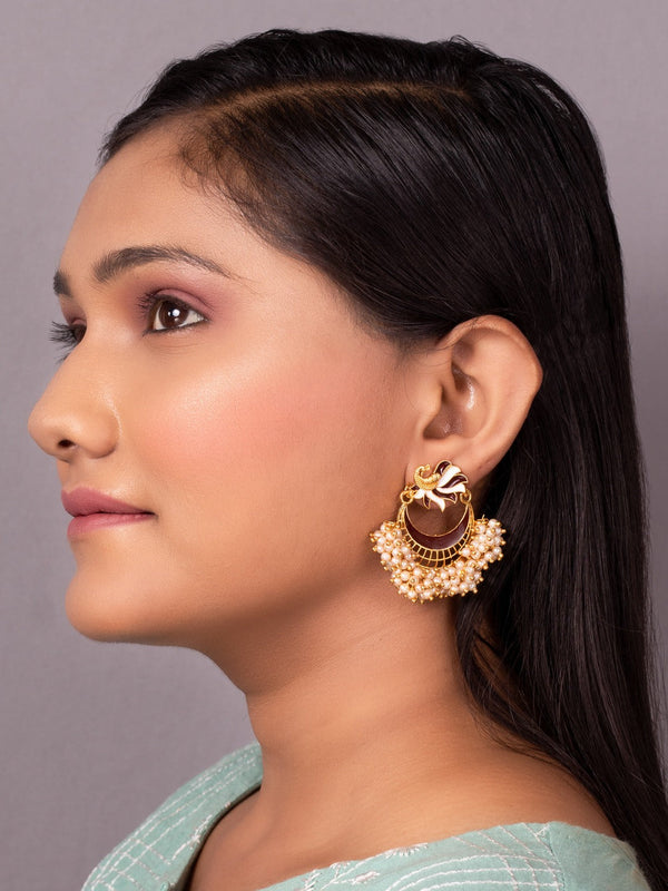 Women's Brown Gold-Toned Pearl Beaded Enamelled Peacock Shaped Chandbali Earring - Morkanth