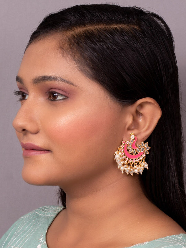 Women's Pink Gold-Toned Pearl Beaded Enamel Peacock Shaped Chandbali Earring - Morkanth