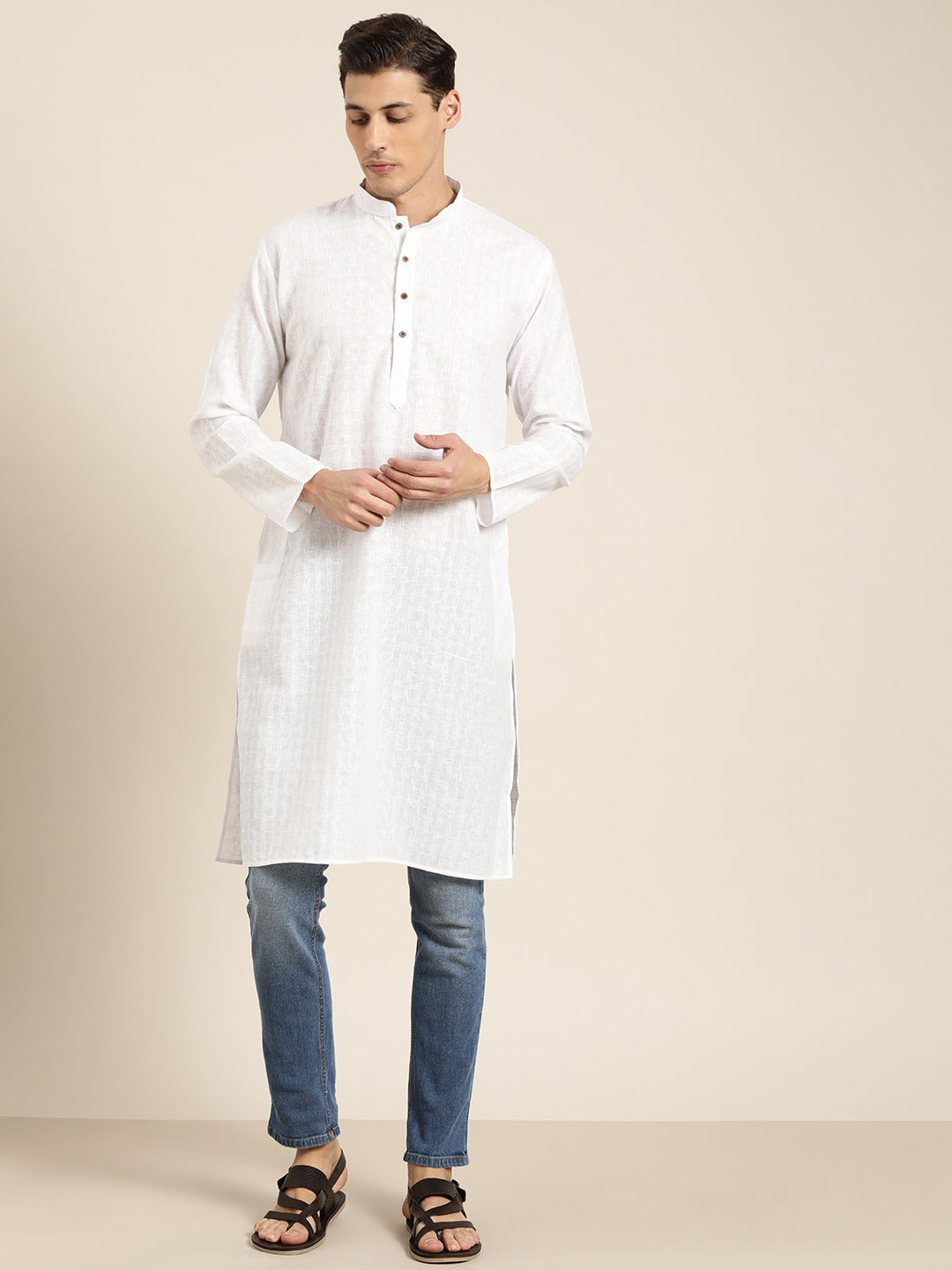 Men's Cotton Blend White Woven Design Only Long Kurta - Sojanya