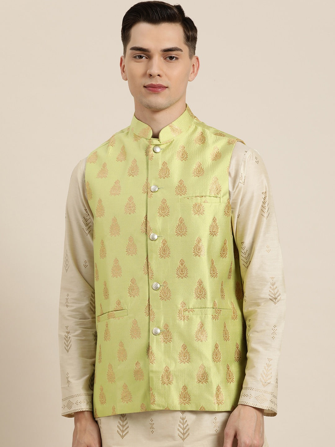 Men's Silk Blend Green & Gold Self Design Only Nehrujacket - Sojanya