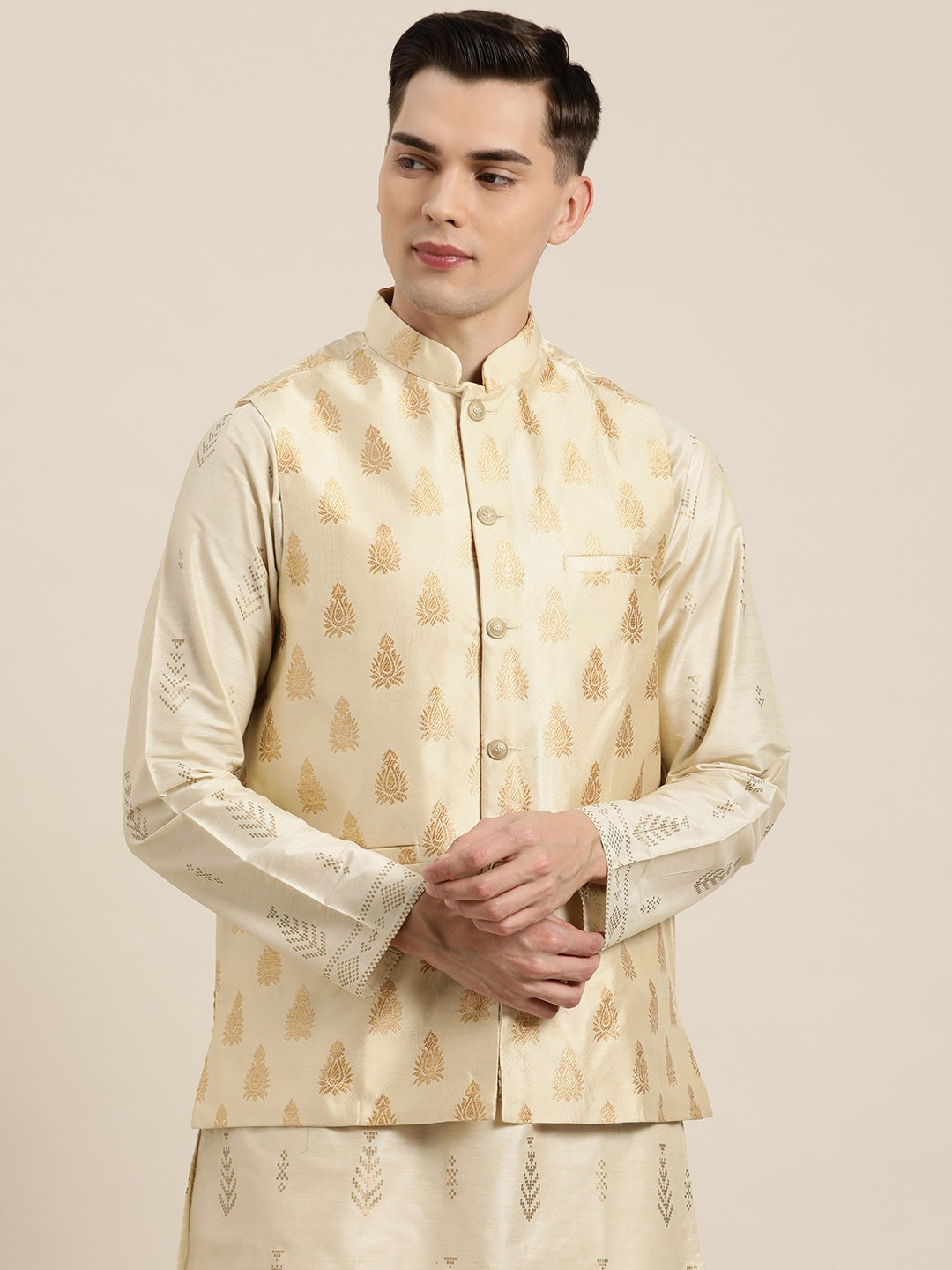 Men's Silk Blend Beige & Gold Self Design Only Nehrujacket - Sojanya