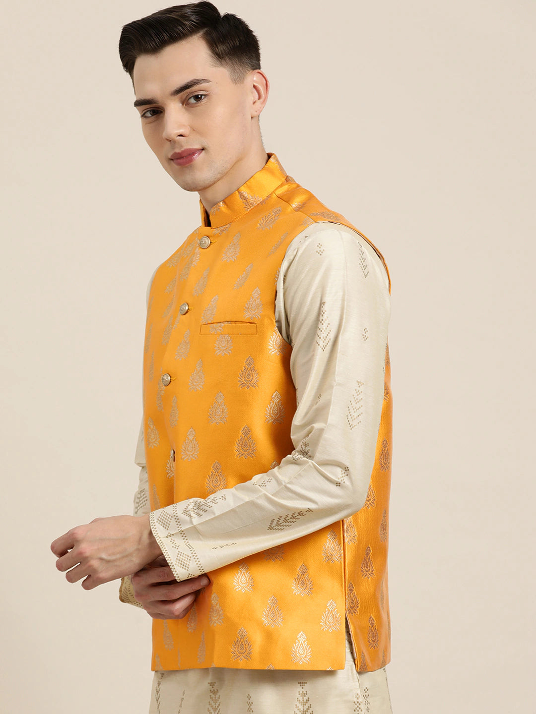 Men's Silk Blend Mustard & Gold Self Design Only Nehrujacket - Sojanya