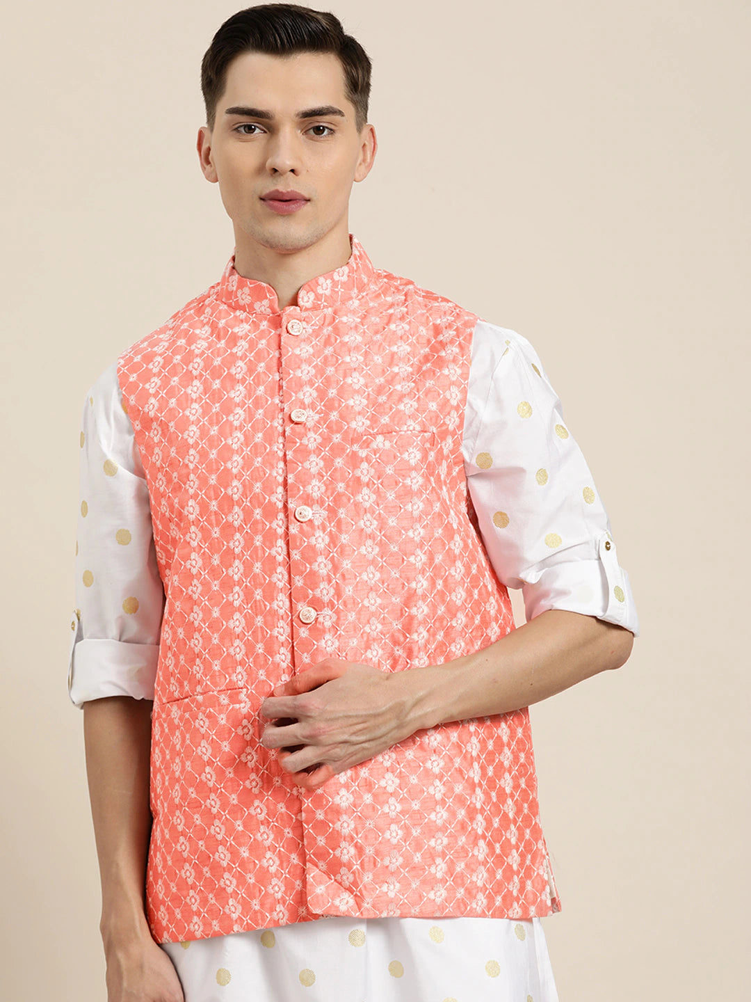 Men's Silk Blend Peach Embroidered Only Nehrujacket - Sojanya