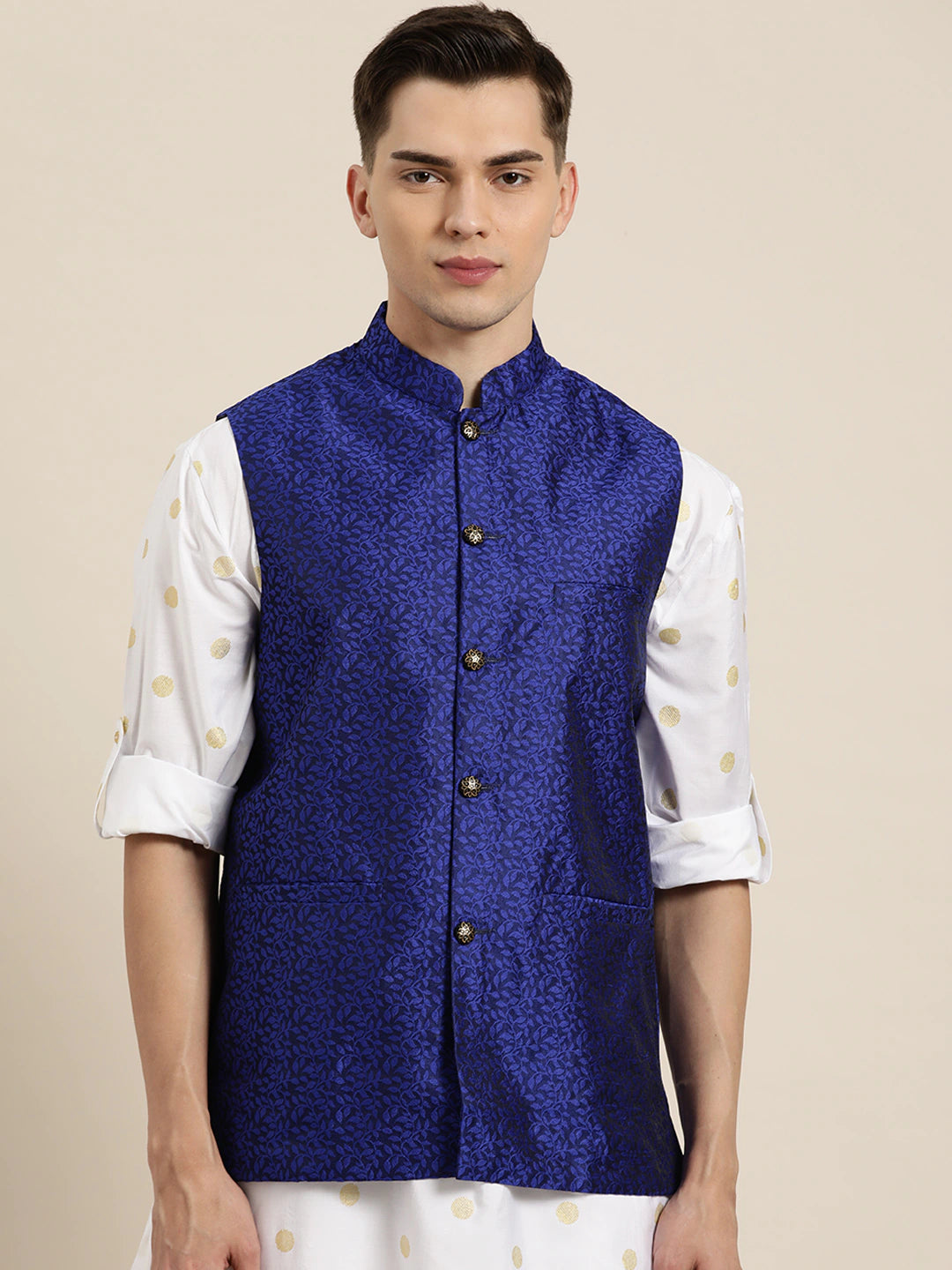 Men's Jacquard Silk Royal Blue Self Design Only Nehrujacket - Sojanya