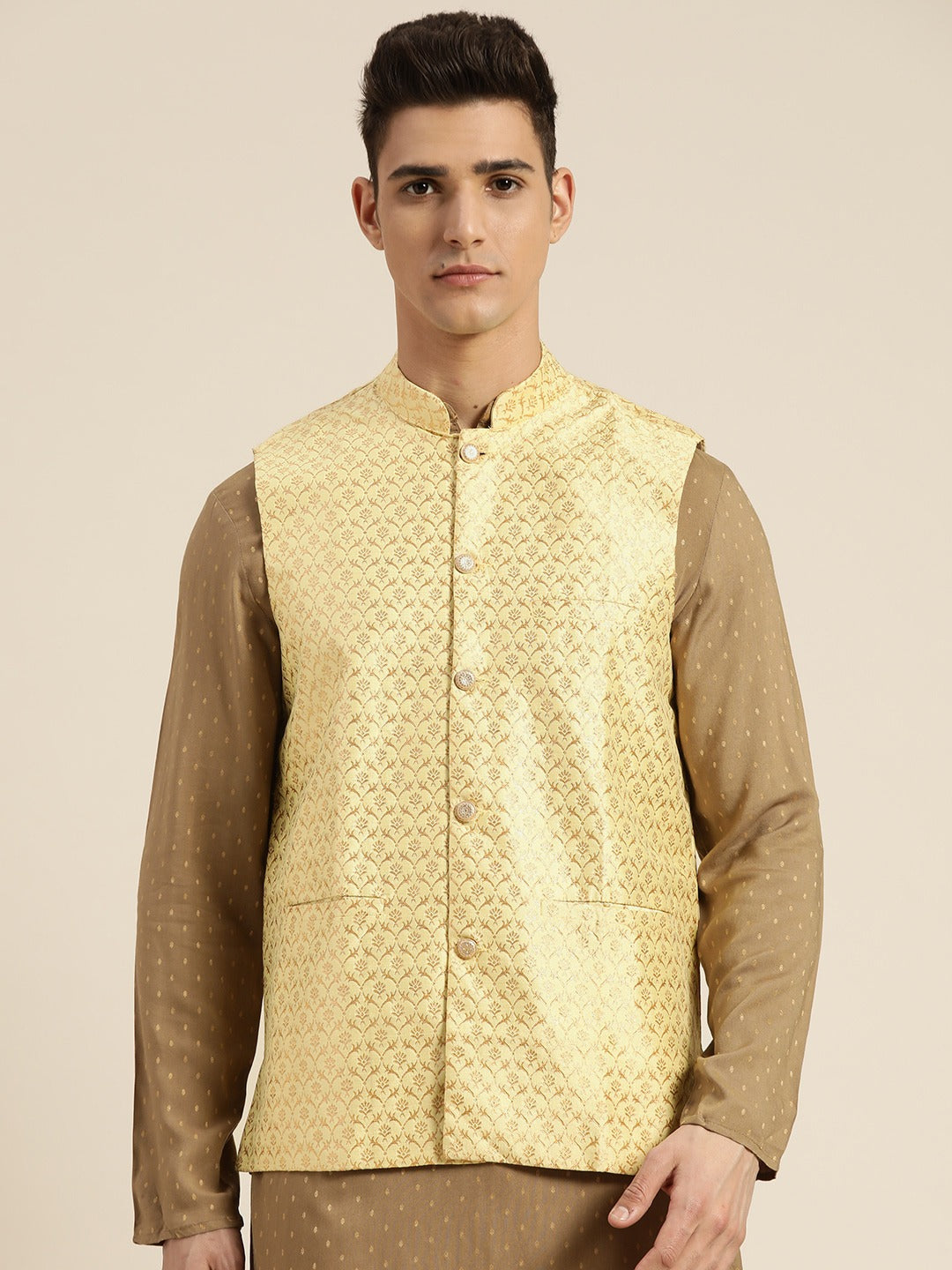 Men's Silk Blend Lime Green & Gold Self Design Only Nehrujacket - Sojanya