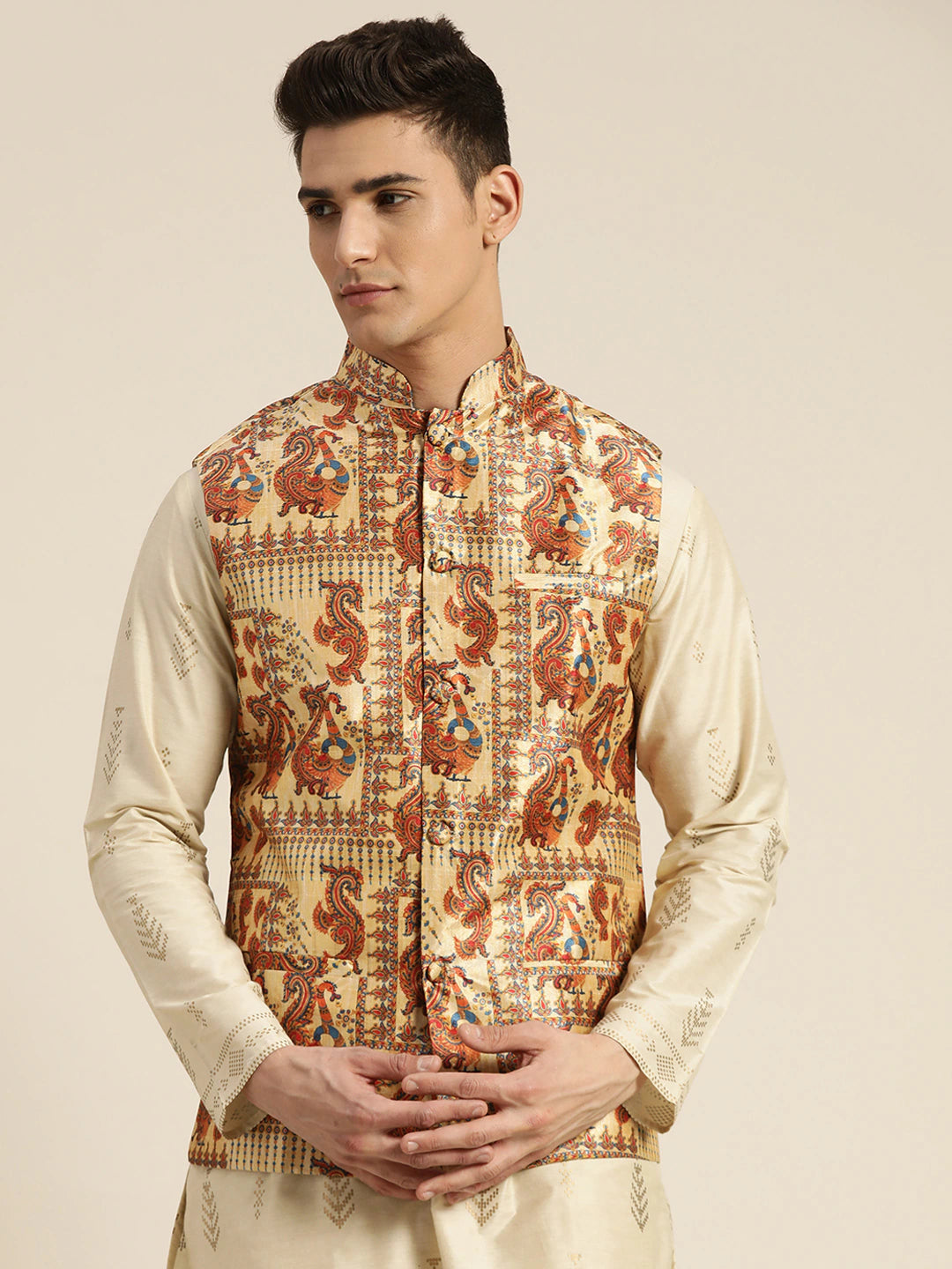 Men's Silk Blend Gold Printed Only Nehrujacket - Sojanya