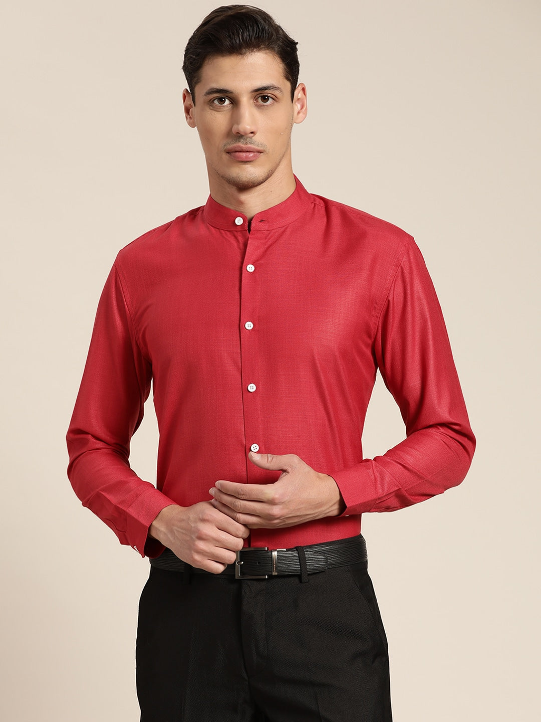 Men's Cotton Red Chinese Collar Formal Shirt - Sojanya