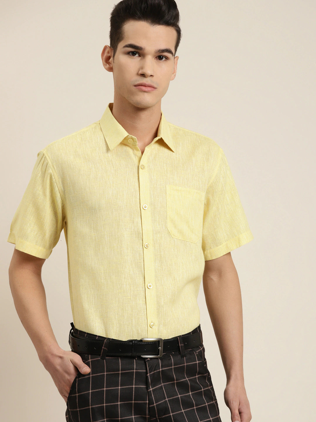 Men's Cotton Blend Lemon Classic Formal Shirt - Sojanya