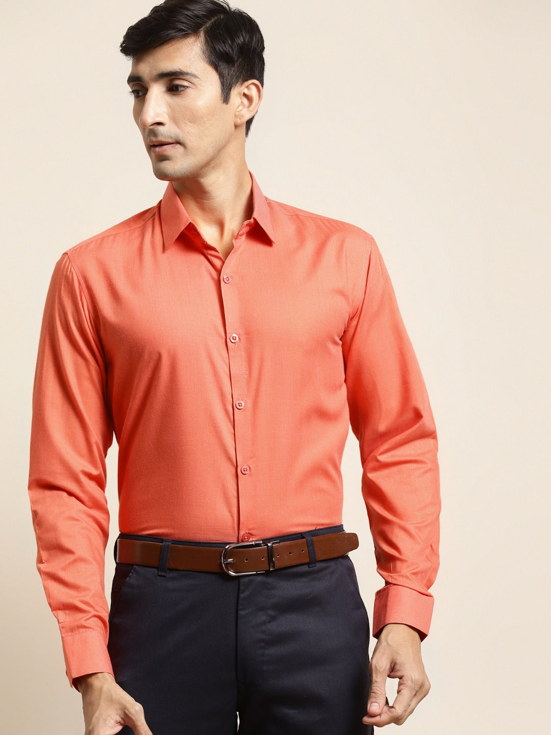 Men's Cotton Orange Classic Formal Shirt - Sojanya