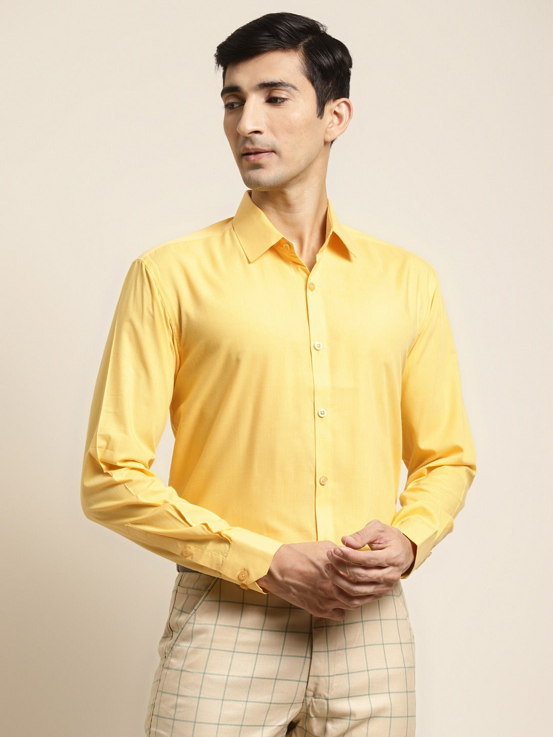 Men's Cotton Yellow Classic Formal Shirt - Sojanya