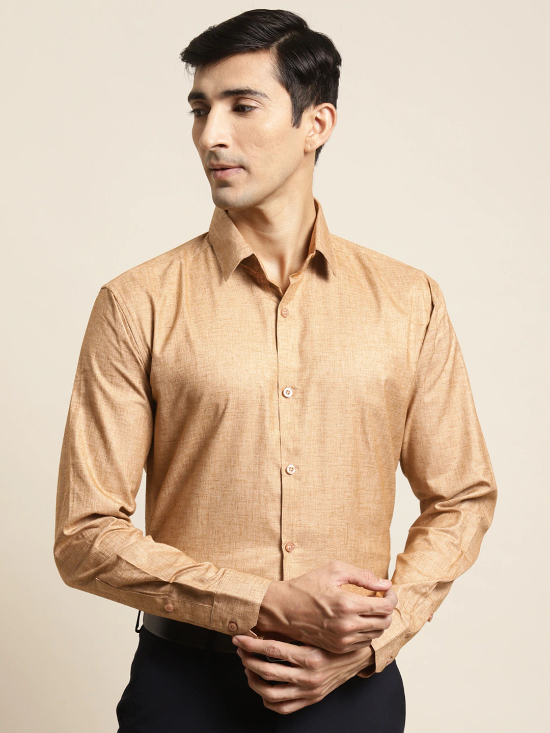 Men's Cotton Linen Mustard Solid Formal Shirt - Sojanya