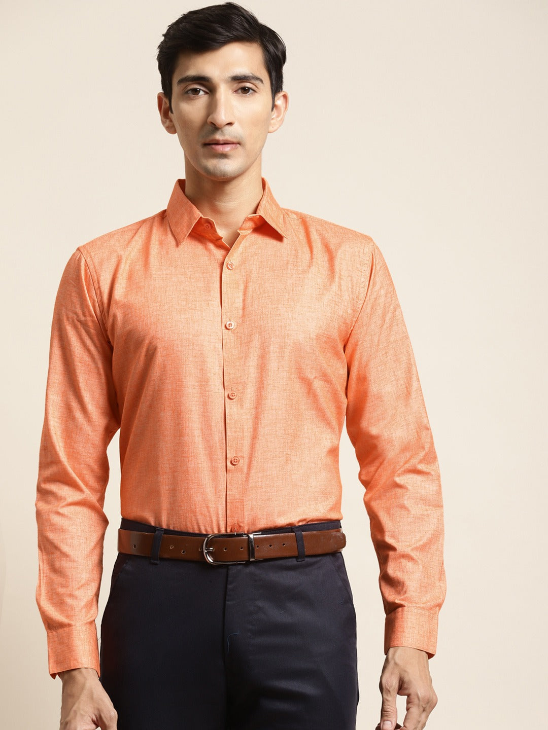 Men's Cotton Linen Orange Solid Formal Shirt - Sojanya