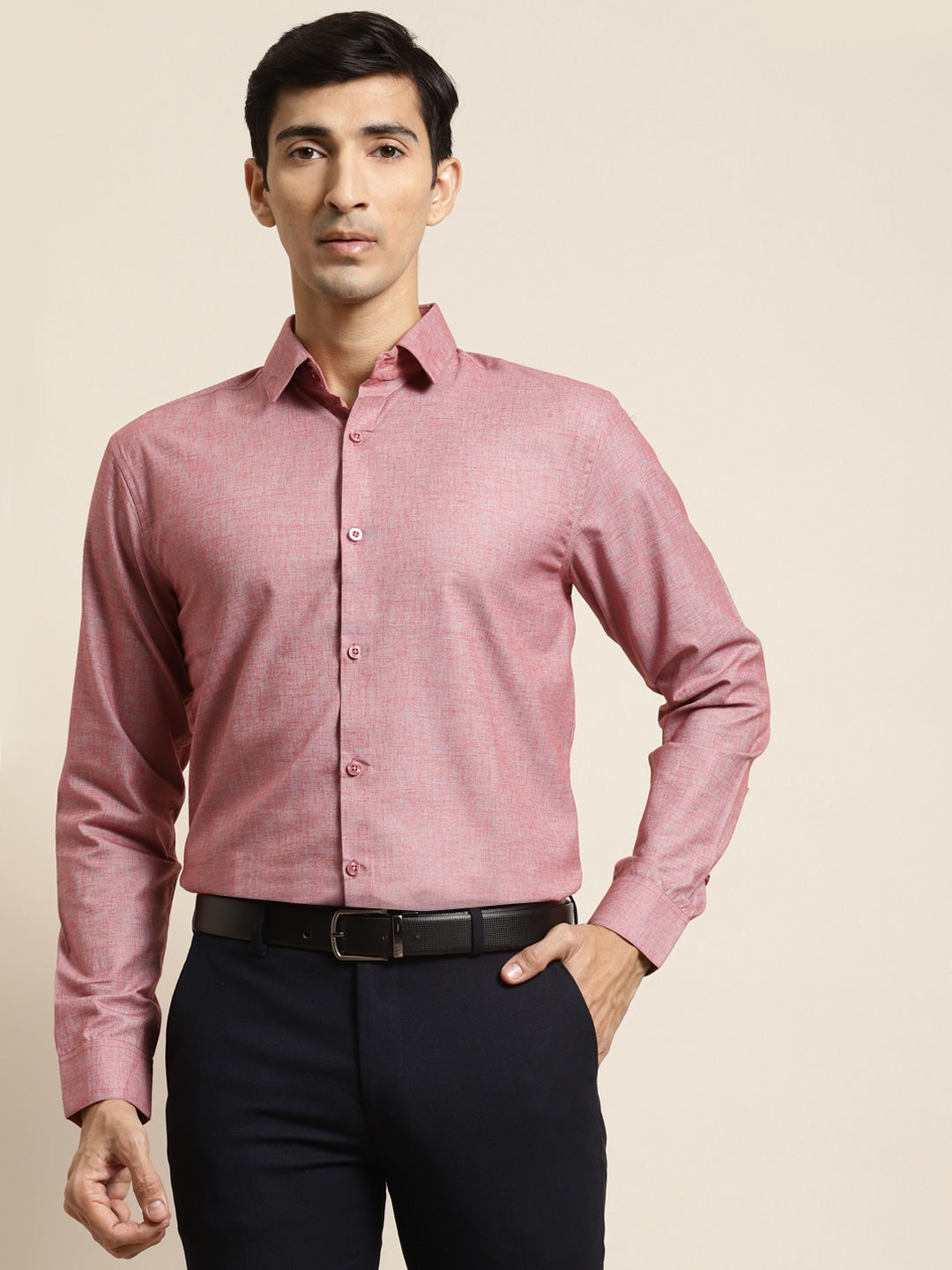 Men's Cotton Linen Red & Grey Solid Formal Shirt - Sojanya