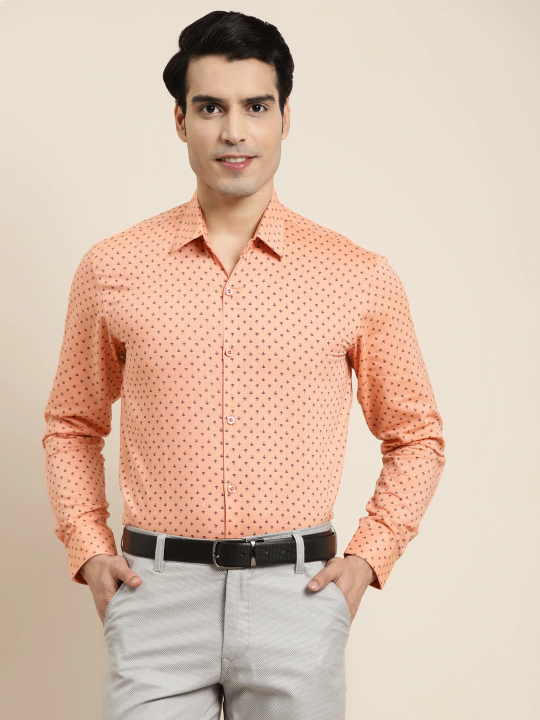 Men's Cotton Peach & Black Printed Formal Shirt - Sojanya