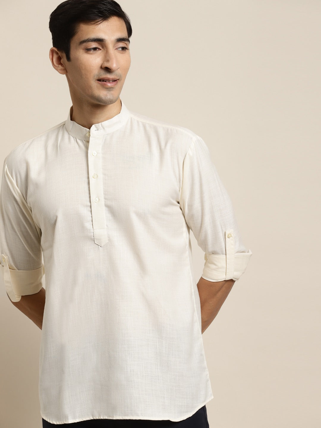 Men's Cotton Cream Solid Short Kurta - Sojanya