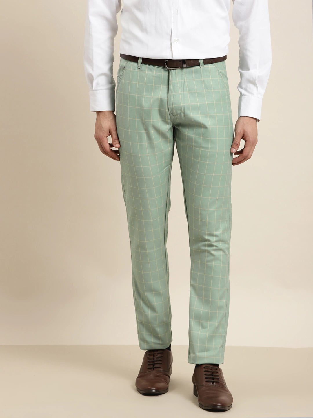 Men's Cotton Blend Pista Green & Mustard Checked Formal Trousers - Sojanya