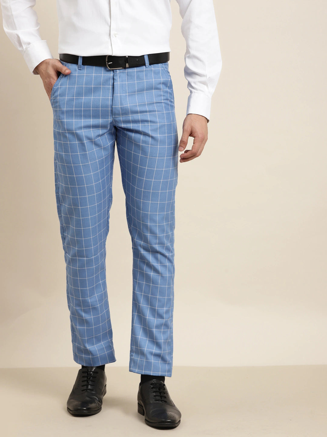 Men's Cotton Blend Pista Green & Mustard Checked Formal Trousers - Sojanya