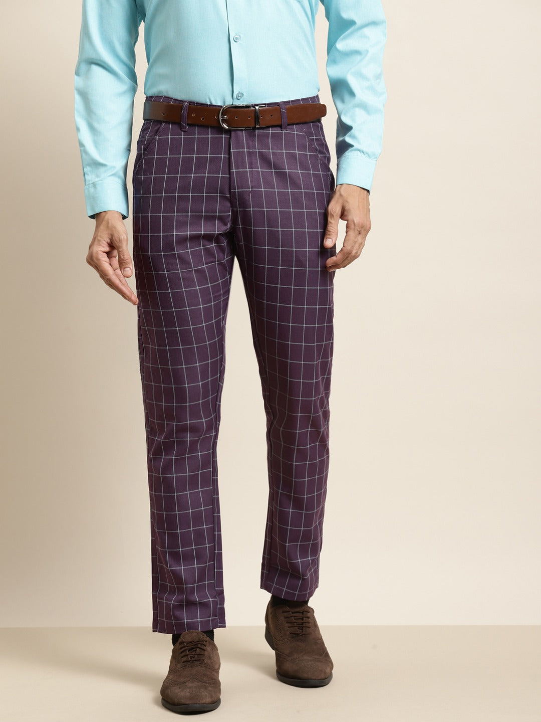 Men's Cotton Blend Purple & Blue Checked Formal Trousers - Sojanya