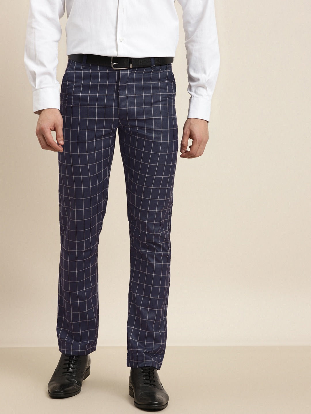 Men's Cotton Blend Navy Blue & Off White Checked Formal Trousers - Sojanya