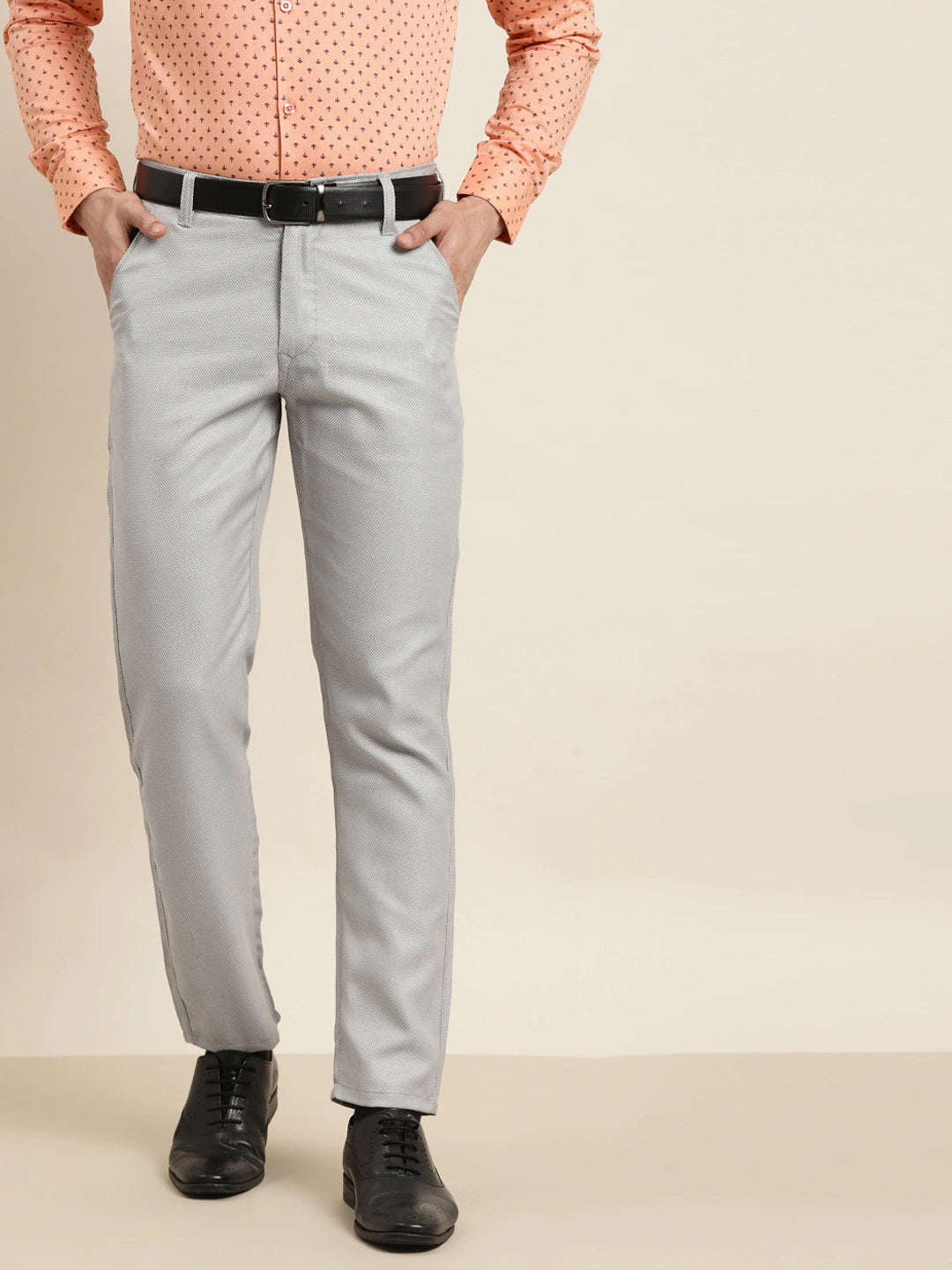 Men's Cotton Blend Grey & Off White Self Design Formal Trousers - Sojanya