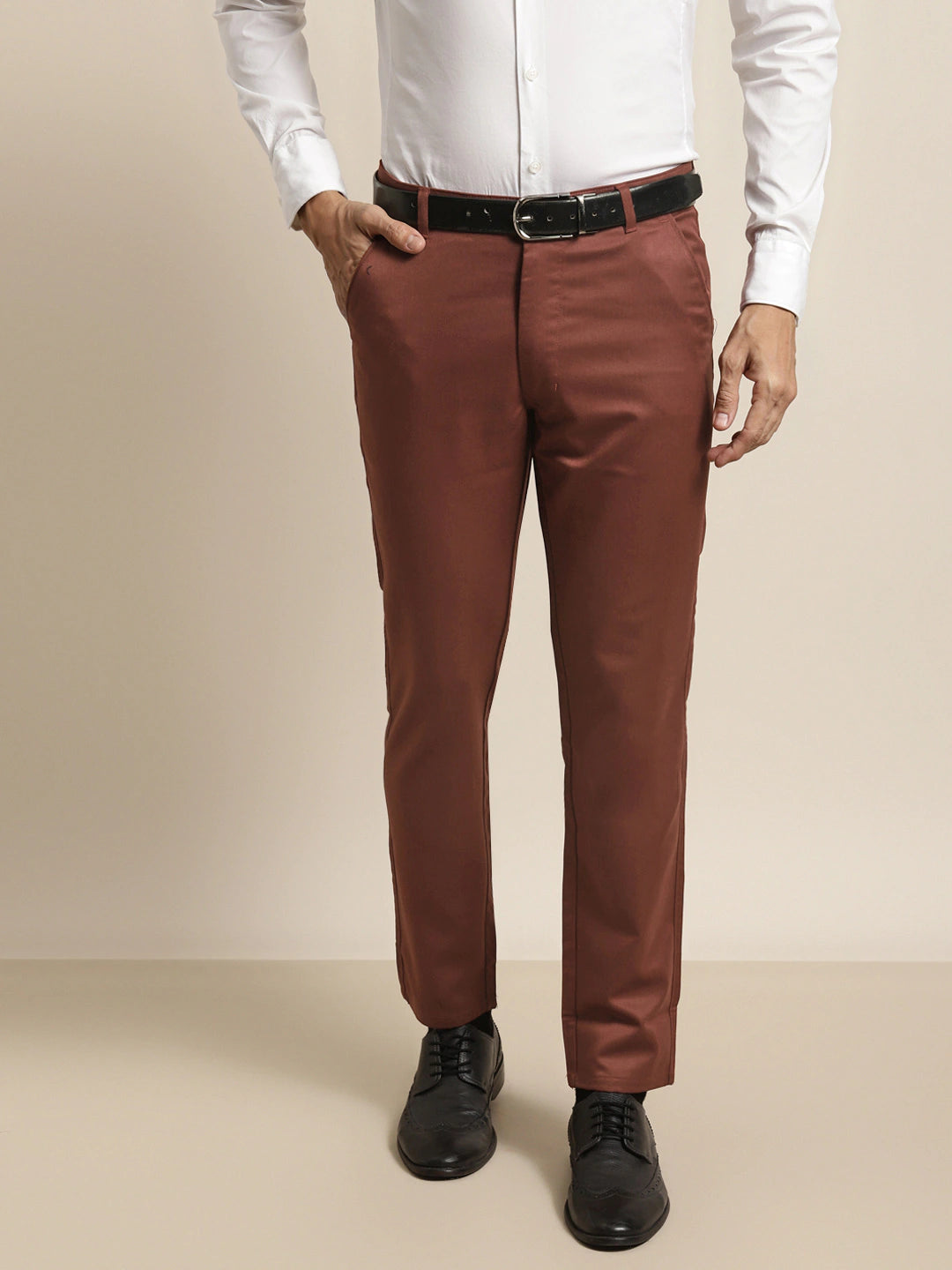 Men's Cotton Blend Rust Solid Formal Trousers - Sojanya