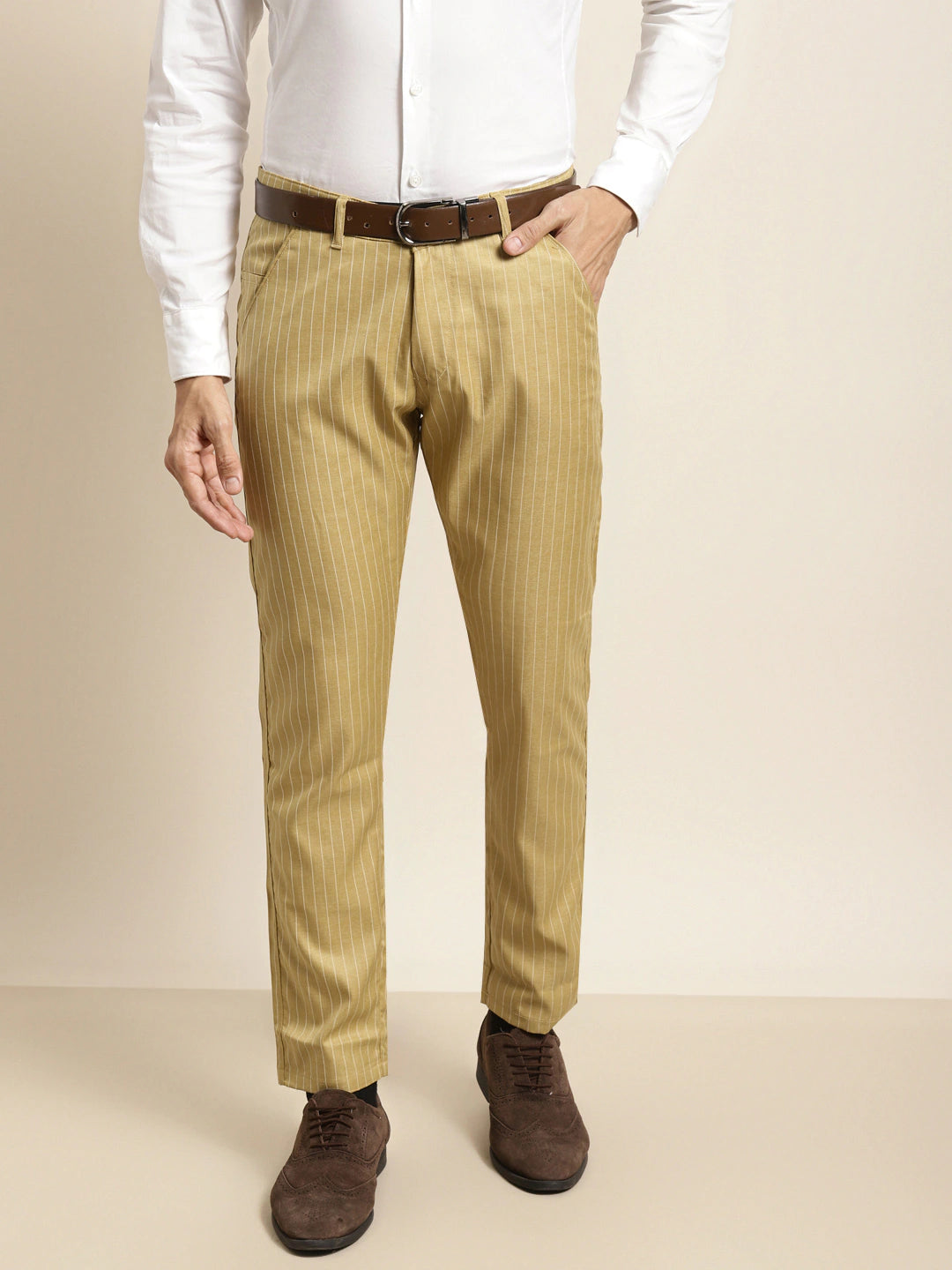 Men's Cotton Blend Gold & Offwhite Striped Formal Trousers - Sojanya