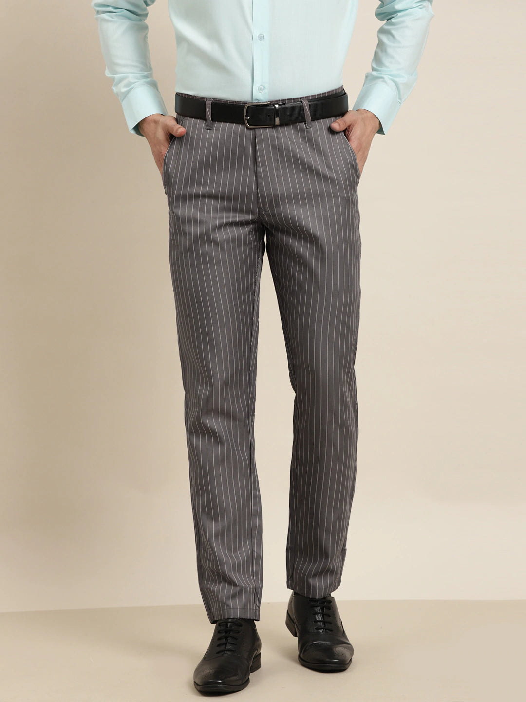 Men's Cotton Blend Grey & Offwhite Striped Formal Trousers - Sojanya