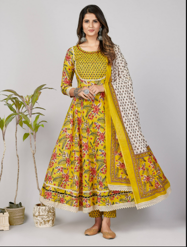 Women's Yellow Anarkali Kurta & Pant With Dupatta Set By Vbuyz- (3Pcs Set)