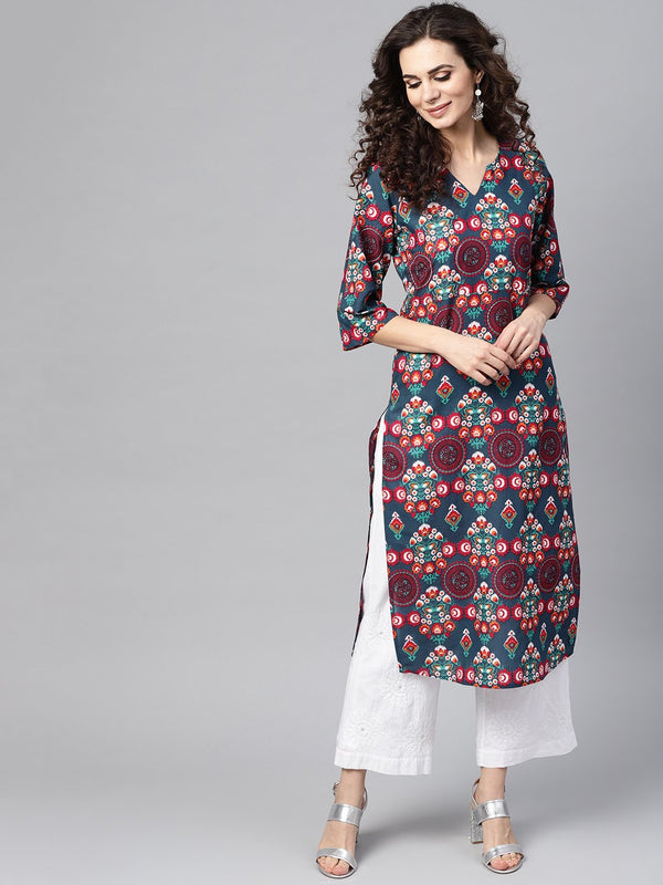 Turquoise Multi-colored Staright kurta with round Neck V slit & 3/4 sleeves | NOZ2TOZ - Made In INDIA.