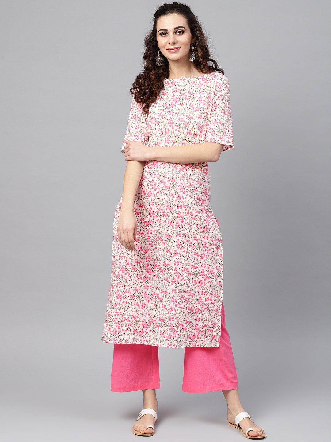 White printed Floral Straight Kurta Set with Solid pink pants | NOZ2TOZ - Made In INDIA.