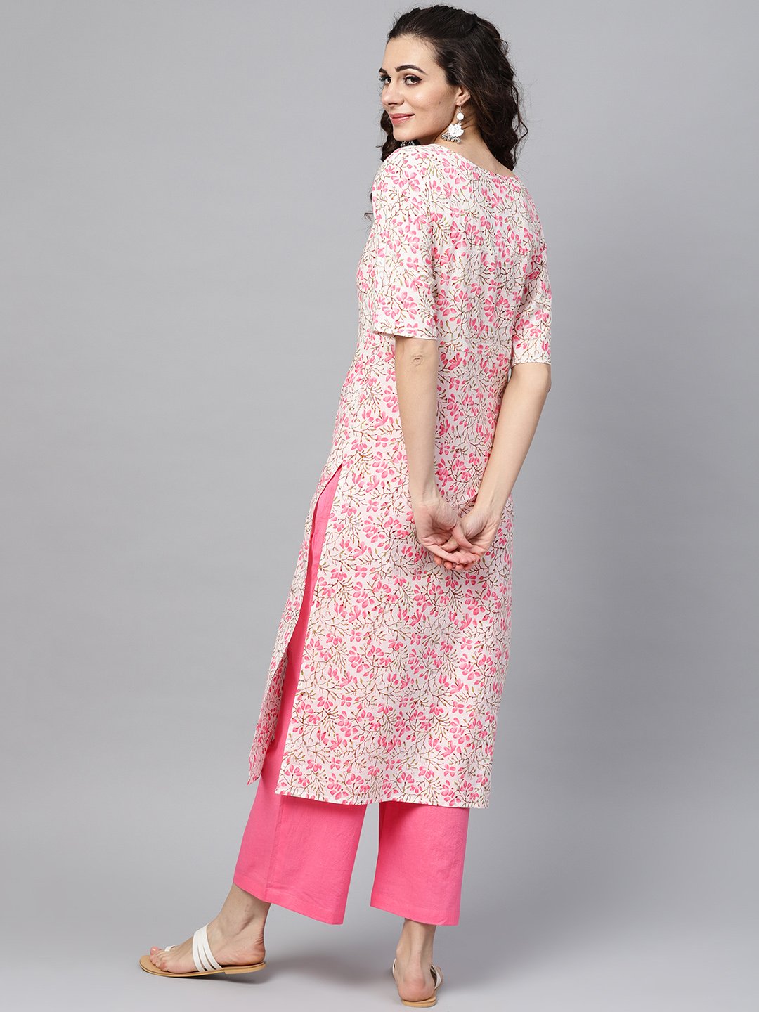 White printed Floral Straight Kurta Set with Solid pink pants | NOZ2TOZ - Made In INDIA.