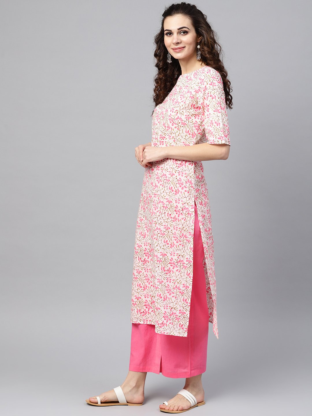 White printed Floral Straight Kurta Set with Solid pink pants | NOZ2TOZ - Made In INDIA.