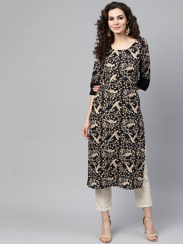 Black & beige Printed Straight kurta with Round Neck & Solid Black Cuff detailing | NOZ2TOZ - Made In INDIA.