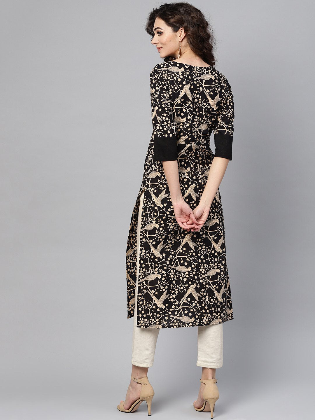 Black & beige Printed Straight kurta with Round Neck & Solid Black Cuff detailing | NOZ2TOZ - Made In INDIA.