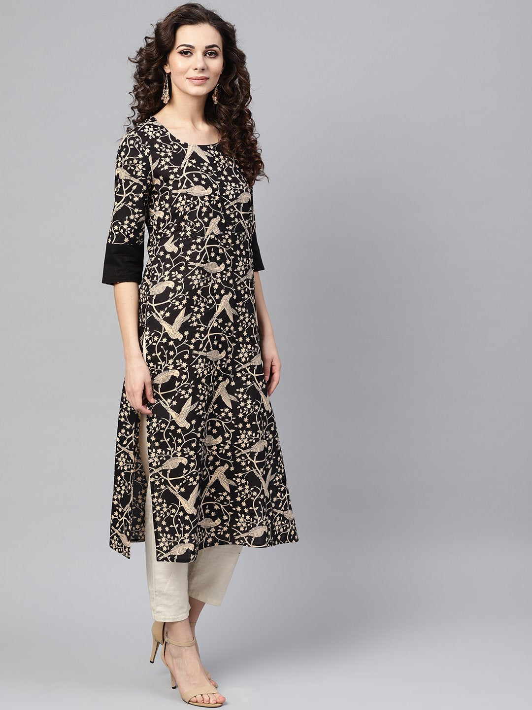 Black & beige Printed Straight kurta with Round Neck & Solid Black Cuff detailing | NOZ2TOZ - Made In INDIA.