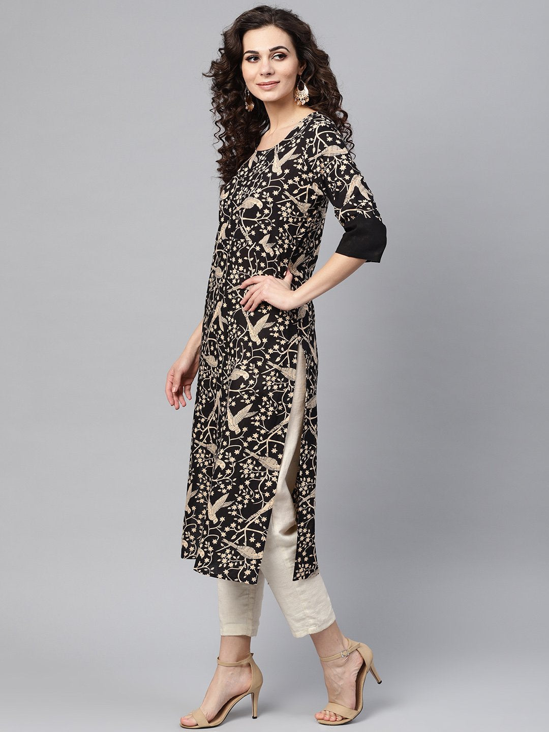 Black & beige Printed Straight kurta with Round Neck & Solid Black Cuff detailing | NOZ2TOZ - Made In INDIA.