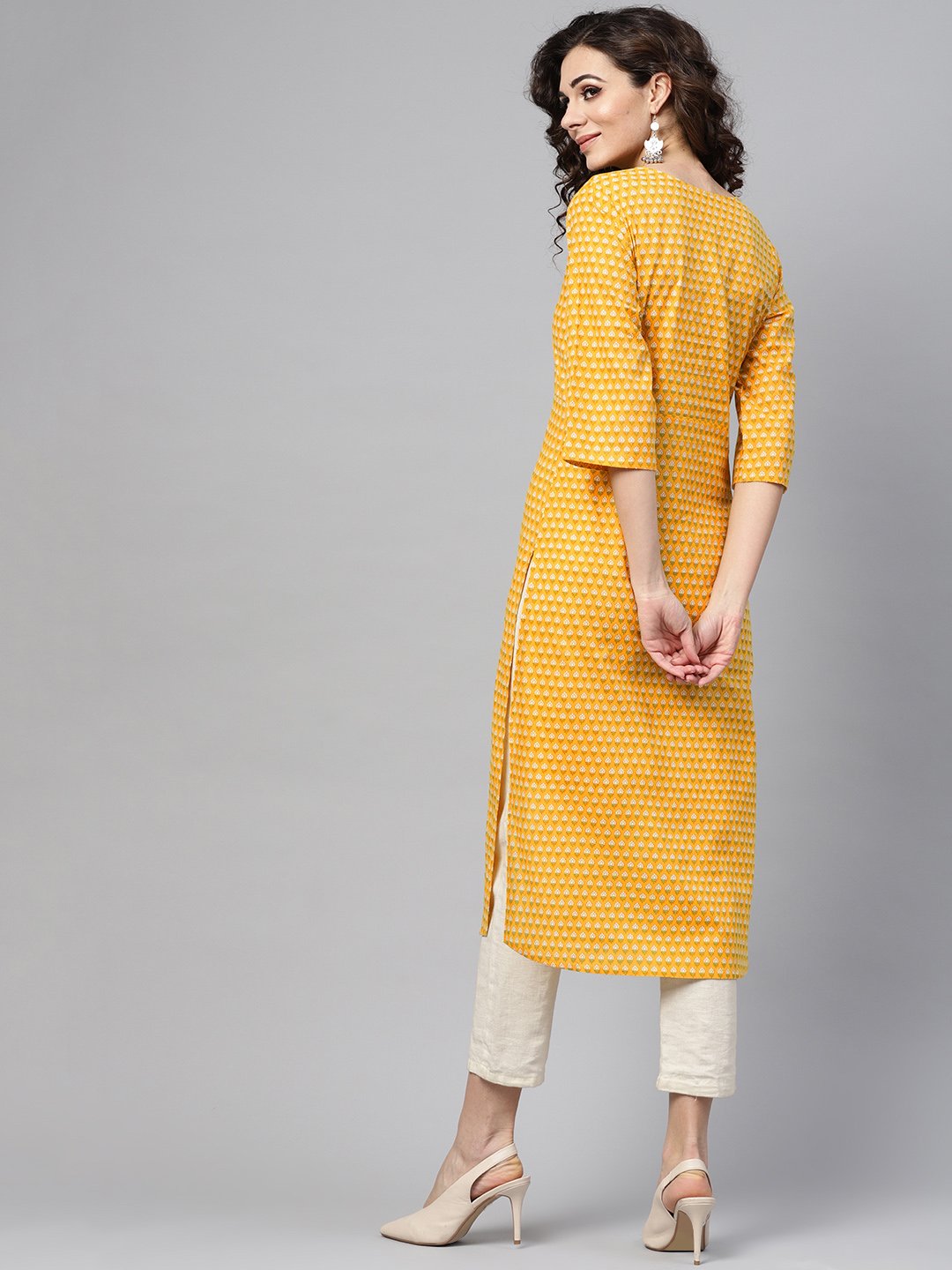 Yellow printed Straight kurta with Round neck V slit & 3/4 sleeves | NOZ2TOZ - Made In INDIA.