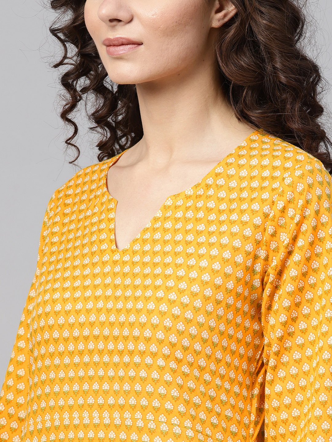 Yellow printed Straight kurta with Round neck V slit & 3/4 sleeves | NOZ2TOZ - Made In INDIA.