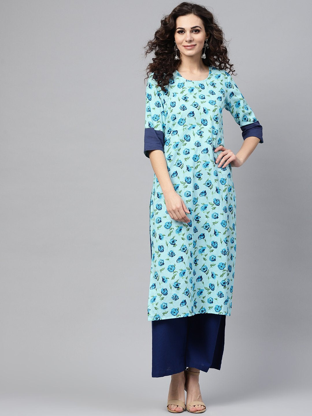 Light Blue Printed Straight kurta with Round Neck & Solid Cuff Detailing | NOZ2TOZ - Made In INDIA.