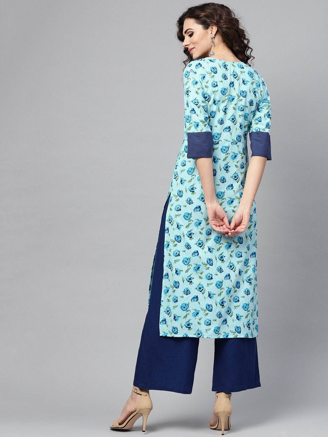 Light Blue Printed Straight kurta with Round Neck & Solid Cuff Detailing | NOZ2TOZ - Made In INDIA.