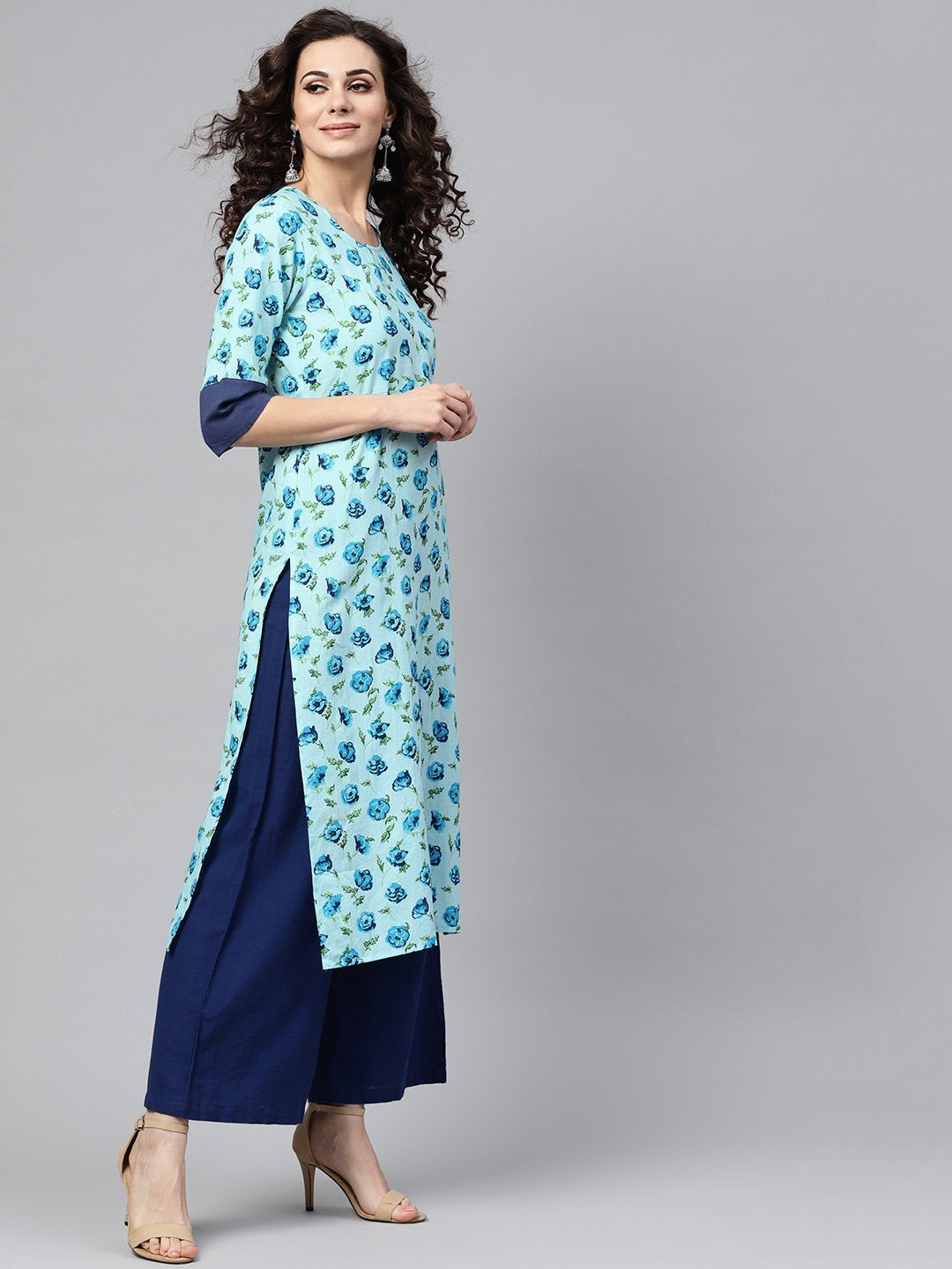 Light Blue Printed Straight kurta with Round Neck & Solid Cuff Detailing | NOZ2TOZ - Made In INDIA.