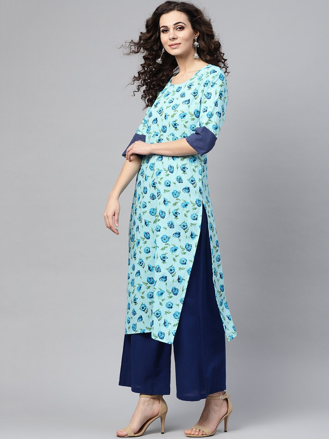 Light Blue Printed Straight kurta with Round Neck & Solid Cuff Detailing | NOZ2TOZ - Made In INDIA.